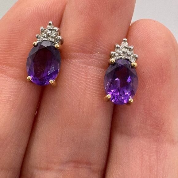 14K Yellow Gold Amethyst Diamond Earrings Studs Oval Pierced New Classic 90s - Picture 3 of 8